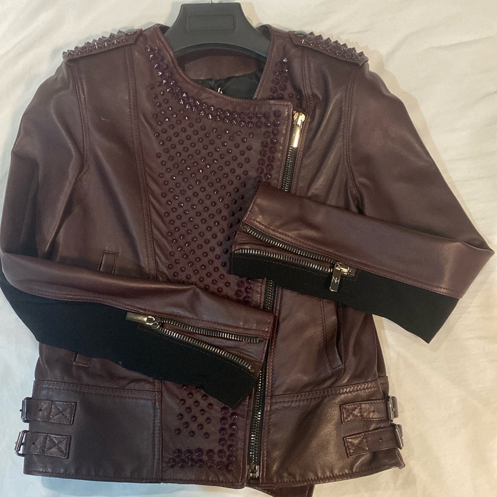 New with Tag Designer Nour Hammour Burgundy Studded Erin Leather Jacket - Picture 16 of 17